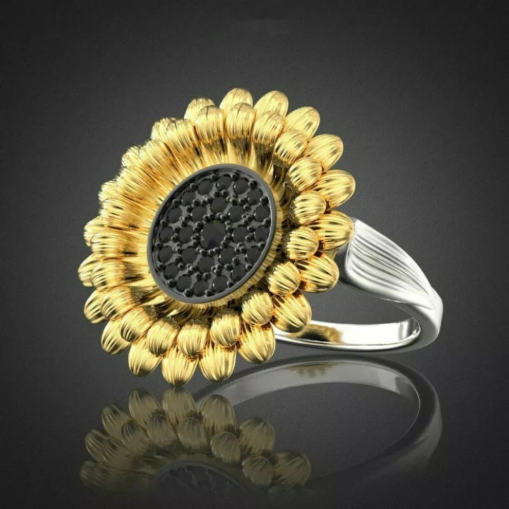 Floral Two-Tone Sunflower Ring with Black Pavé Center